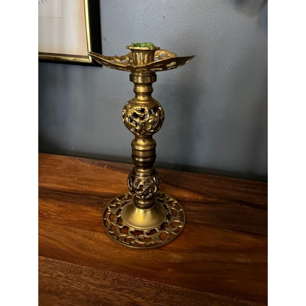 Antique Filigree Ornate Brass Candle Stick Holder Vintage Unique Cutouts